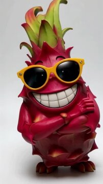 Eine rote Drachenfrucht mit Comic-Gesicht, lachend, mit Armen und Beinen in lustiger Pose &ndash; dargestellt auf wei&szlig;em Hintergrund.