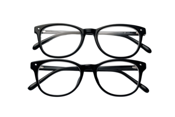 Pair of black eyeglasses, top and bottom view,  with clear lenses