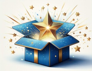 star emerging from a blue gift box design on white background
