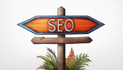 directional sign with seo text on top on white background