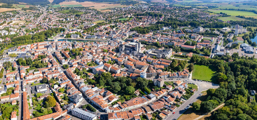 An aerial panorama view around the old town in the city Verdun in France on a sunny day in early spring