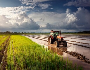 Fototapeta premium tractor plowing paddy field under cloudy sky