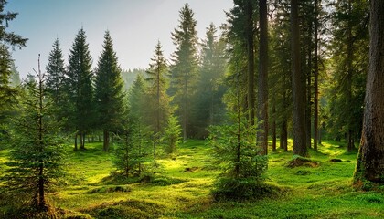 healthy green trees in a forest of old spruce fir and pine