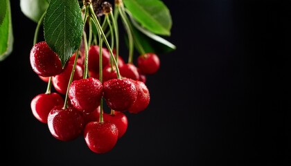 bunch of juicy red cherries hanging on black background