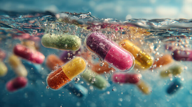 Vibrant multicolored capsules suspended in clear water surrounded by bubbles, creating a surreal and dynamic pharmaceutical scene.
 - Powered by Adobe