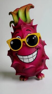 Eine rote Drachenfrucht mit Comic-Gesicht, lachend, mit Armen und Beinen in lustiger Pose &ndash; dargestellt auf wei&szlig;em Hintergrund.
