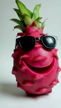 Eine rote Drachenfrucht mit Comic-Gesicht, lachend, mit Armen und Beinen in lustiger Pose &ndash; dargestellt auf wei&szlig;em Hintergrund.