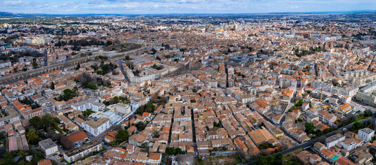 An aerial panorama view around the old town in the city Montpellier in France on a sunny day in early spring