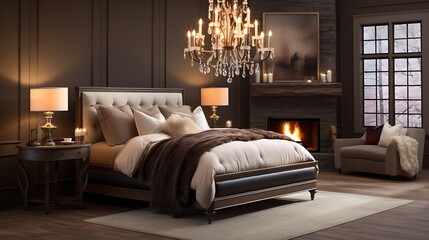 Warm, inviting bedroom with a plush chocolate brown bed, dark beige walls, and a rustic metal and crystal chandelier.