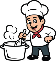 Cartoon Chef Cooking with Pot and Spoon Preparing Delicious Meal in Kitchen