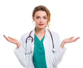 A smiling doctor presenting something with both hands, offering healthcare.