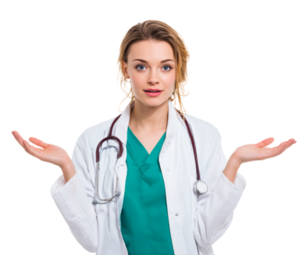 A smiling doctor presenting something with both hands, offering healthcare.