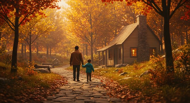 Father and Son Walking to Cabin in Autumn Forest