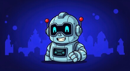 Friendly cartoon robot mascot with a smiling face symbolizing futuristic artificial intelligence and modern technology with a city silhouette