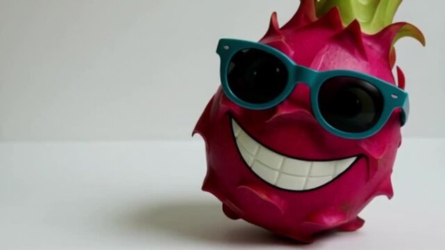 Eine rote Drachenfrucht mit Comic-Gesicht, lachend, mit Armen und Beinen in lustiger Pose &ndash; dargestellt auf wei&szlig;em Hintergrund.