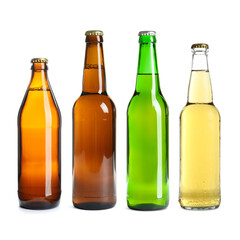 Different types of fresh beer in glass bottles isolated on white, set