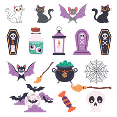 Happy Halloween day background element vector. Cute collection of creepy ghost, pumpkin, bat, candy, cat, skull, spider, grave, zombie hand. Adorable Halloween festival elements for decoration, prints