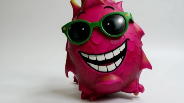 Eine rote Drachenfrucht mit Comic-Gesicht, lachend, mit Armen und Beinen in lustiger Pose &ndash; dargestellt auf wei&szlig;em Hintergrund.
