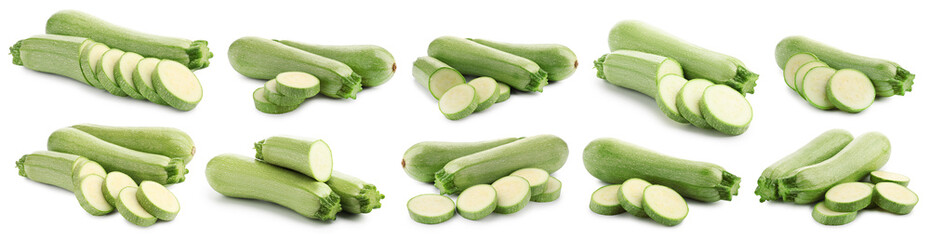 Fresh ripe zucchinis isolated on white, collage. Whole and cut