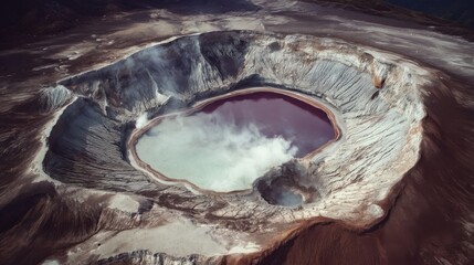 Aerial view of a volcanic crater featuring contrasting lakes with blue-green and red-brown hues,