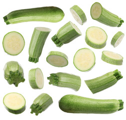 Fresh ripe zucchinis isolated on white, collage. Whole and cut