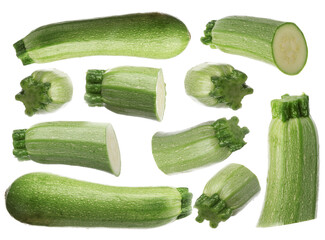 Fresh ripe zucchinis isolated on white, collage. Whole and cut
