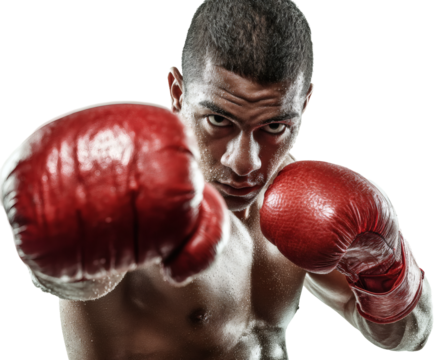 Focused boxer ready to deliver a powerful punch with red gloves and intense gaze.