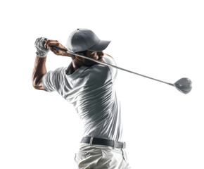 A focused golfer swings his club on the course, ready to make a perfect shot.