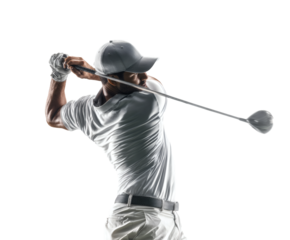 A focused golfer swings his club on the course, ready to make a perfect shot.