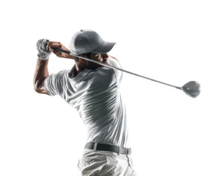 A focused golfer swings his club on the course, ready to make a perfect shot.