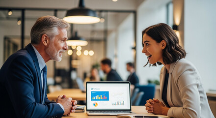 Fototapeta premium High-detail portrait of a 70-year-old businessman and a 25-year-old female startup founder discussing ideas on a laptop in a modern coworking space.
