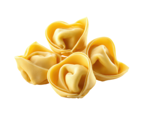 Close-up of three tortellini pasta, light golden color, slightly overlapping, in a visually appealing arrangement