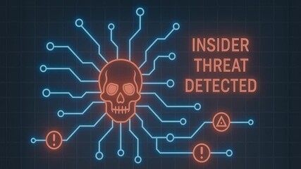 Insider threat detected warning skull digital circuit lines representing cybersecurity risk critical infrastructure protection network security defense digital security systems and network defense - Powered by Adobe