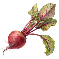 Watercolor Beet with Green Leaves Isolated on Black