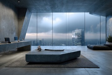 Modern concrete office space with panoramic city views.