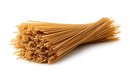A bundle of uncooked whole wheat spaghetti pasta isolated on white background