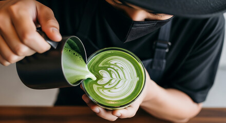 Photo, close up, matcha latte maker, Japanese drink, cafe, restaurant