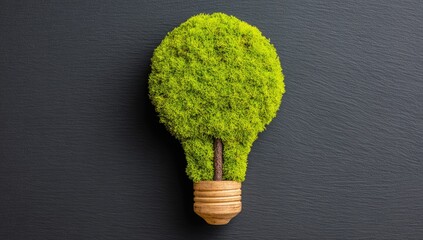 A stylized lightbulb crafted from vibrant green moss sits atop a dark gray surface, showcasing an artistic representation of sustainable ideas.