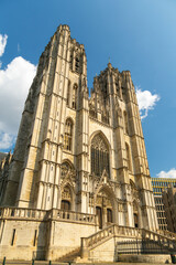 Fototapeta premium Cathedral of St. Michael and St. Gudula on Sunny Day. City of Brussels, Belgium