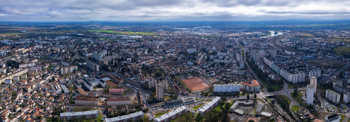 An aerial panorama view around the downtown in the city Chalon-sur-Saône in France on a sunny morning in early spring