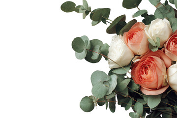 Close-up of a bouquet of peach and cream roses with eucalyptus