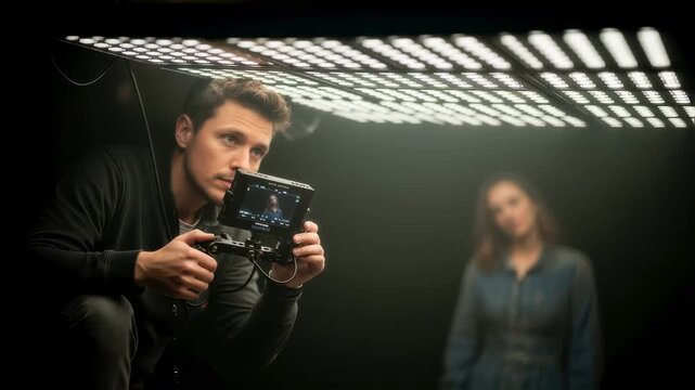 Focus puller working beneath an LED panel lighting grid ensuring sharp image quality while the panels deliver uniform illumination to the subject below.