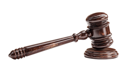 Dark brown wooden gavel, angled, isolated on black