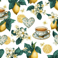 A repeating pattern of lemons, flowers, and teacups