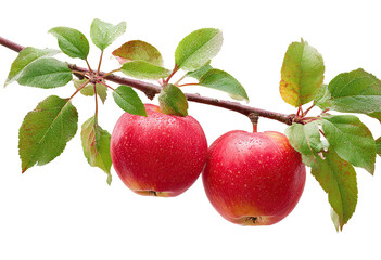 Two ripe red apples hang from a branch with green leaves