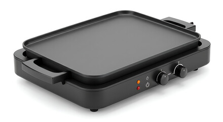 Sleek Black Electric Griddle on White Background, Perfect for Cooking Breakfast and Creating Delicious Meals, Isolated with Temperature Control and