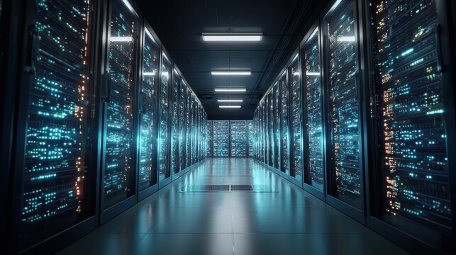 modern data technology center server racks in dark room with vfx visualization concept of internet of things data flow digitalization of internet traffic complex electric equipment warehouse