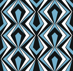 Seamless striped pattern with an optical retro design of vertical zigzag lines in white, black, and light blue in a modern and elegant style. Abstract geometric illustration.