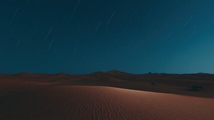 Extended desert landscape under a night sky with undulating sand dunes, earthy tones, dark blue sky, star trails,