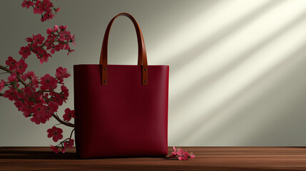 A blank berry red tote bag mockup with leather handle on white background